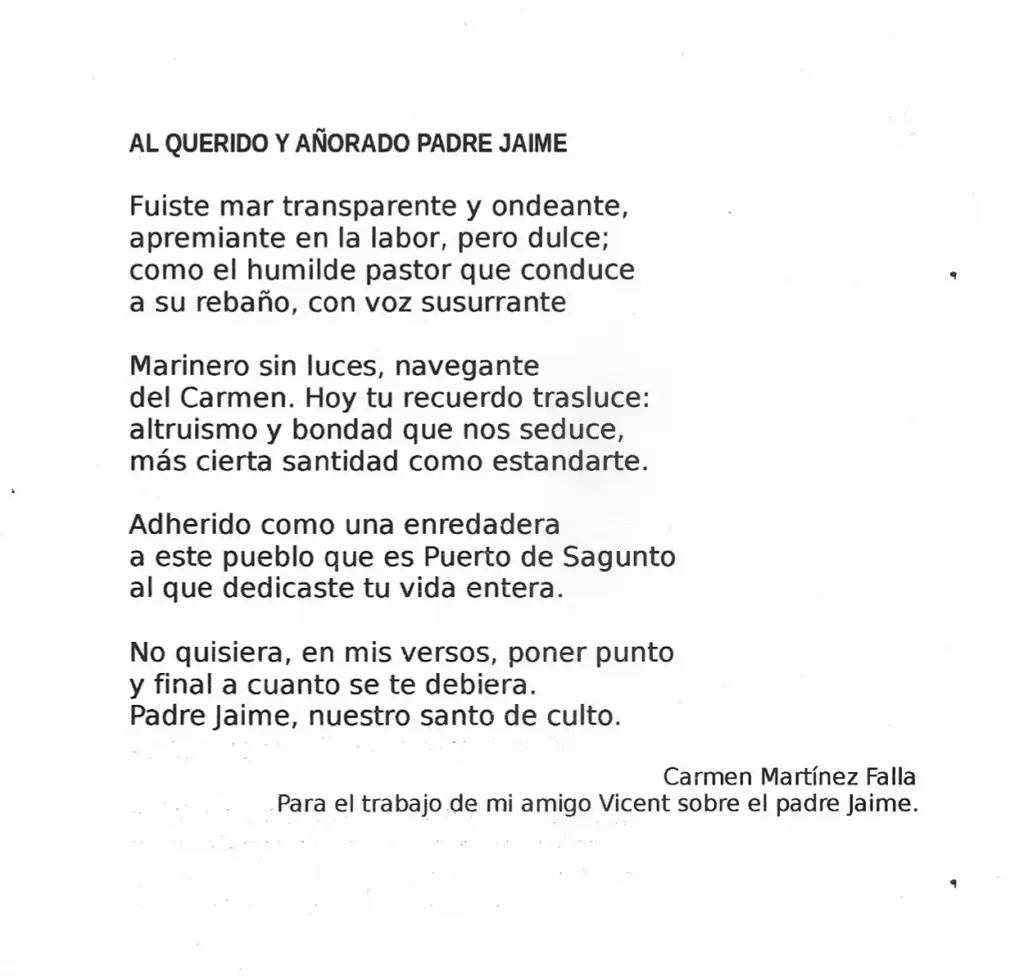 Soneto de Carmen Martínez Falla dedicado al padre Jaime
