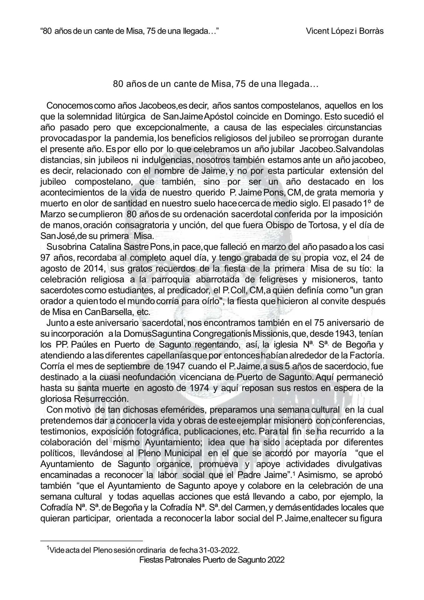 P. Jaime revista cofradía Nª Sª de Begoña 2022